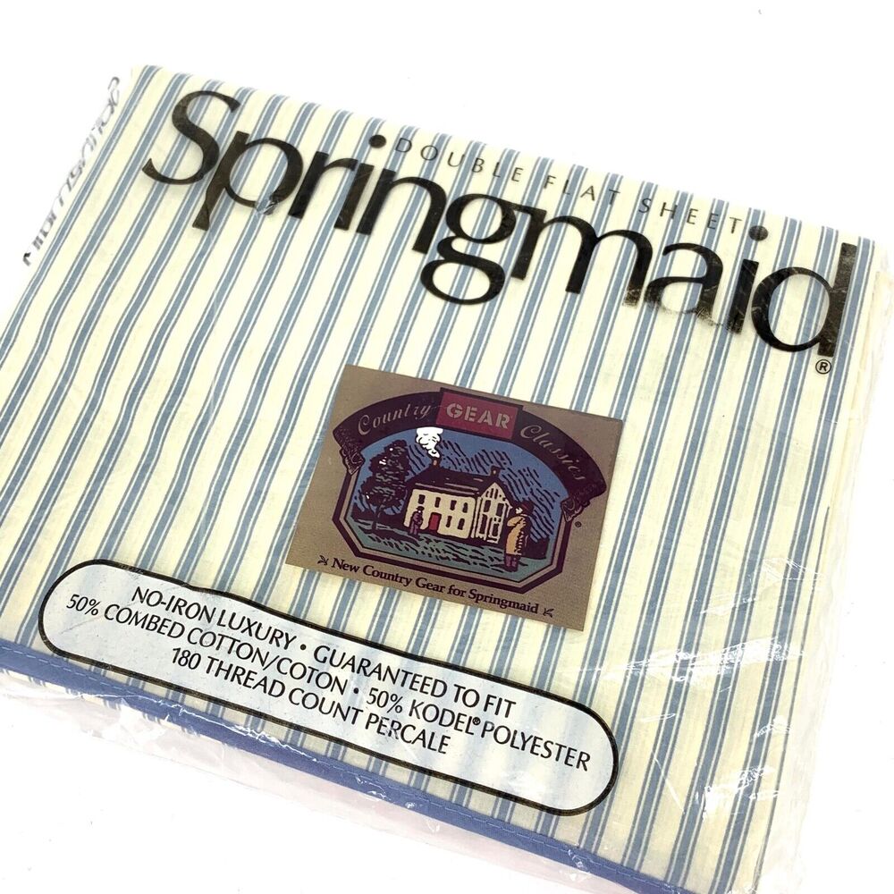 VTG NOS Springmaid Double Flat Sheet Country Gear Classics Ticking Stripe Slate
